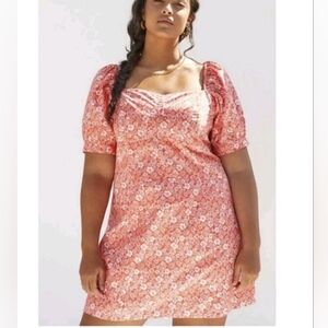 Anthropologie Coral Floral Puff Sleeve Mini Dress